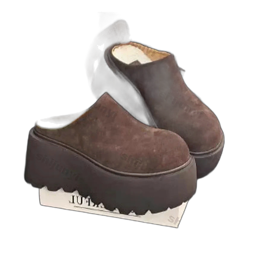 Women's brown slip-on platform wedge slippers with thick lug soles