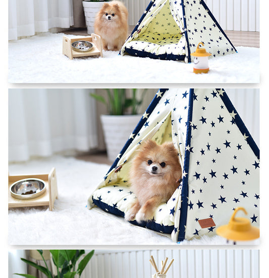 small fluffy dog sitting inside a star print teepee pet tent with a matching cushion
