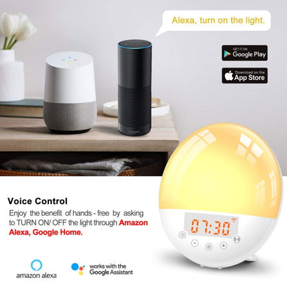 Round white sunrise alarm clock glowing yellow with digital display showing 07:30.