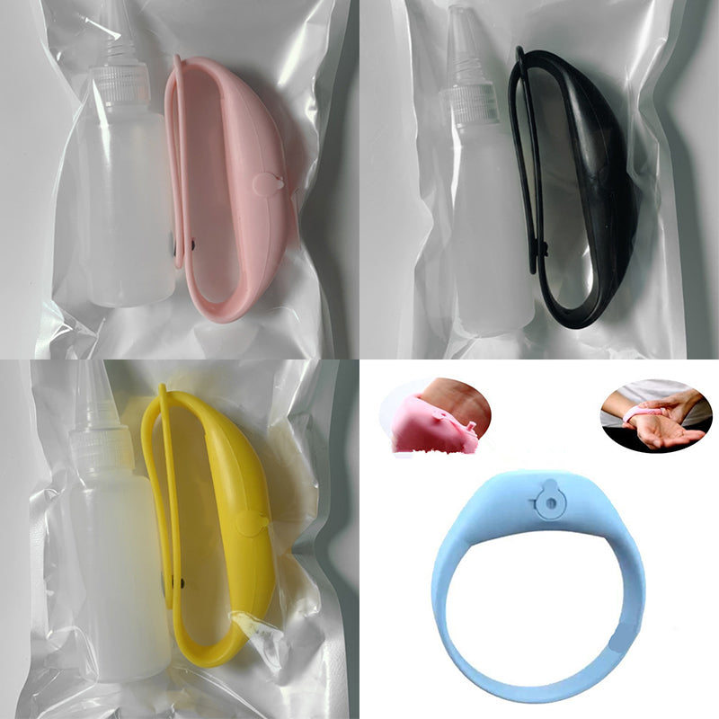 Four panels showing silicone wristbands in pink, black, yellow, and blue with refill bottles.