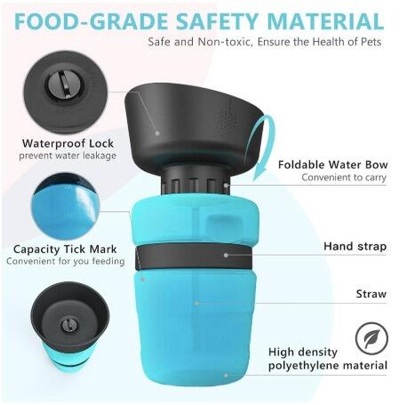 Dog Water Bottle HDPE Foldable with Integrated Silicone Travel Bowl and Leak Proof Top Buckle