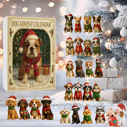 Dog advent calendar box with twenty-four miniature acrylic dog breed Christmas ornaments.