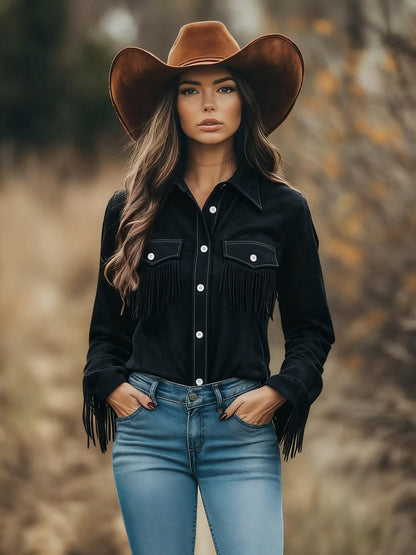 Western Style Top with Textured Panels and Tassel Details