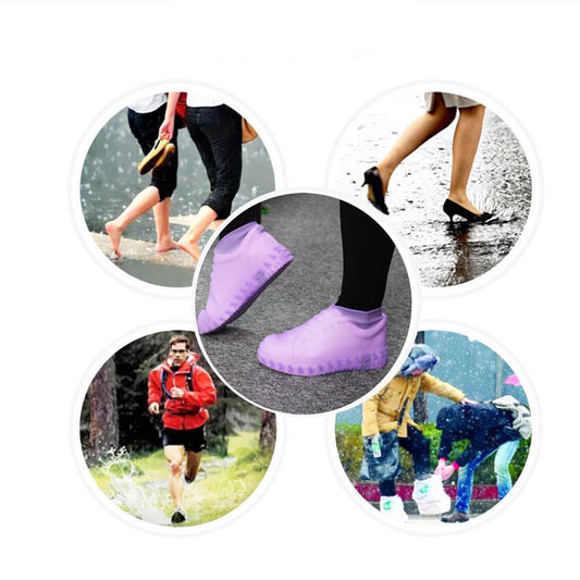 Collage of purple silicone rain shoe covers worn in various wet outdoor settings.