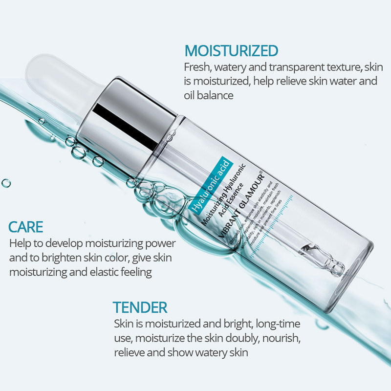 Hyaluronic acid facial serum bottle surrounded by water splashes and marketing text