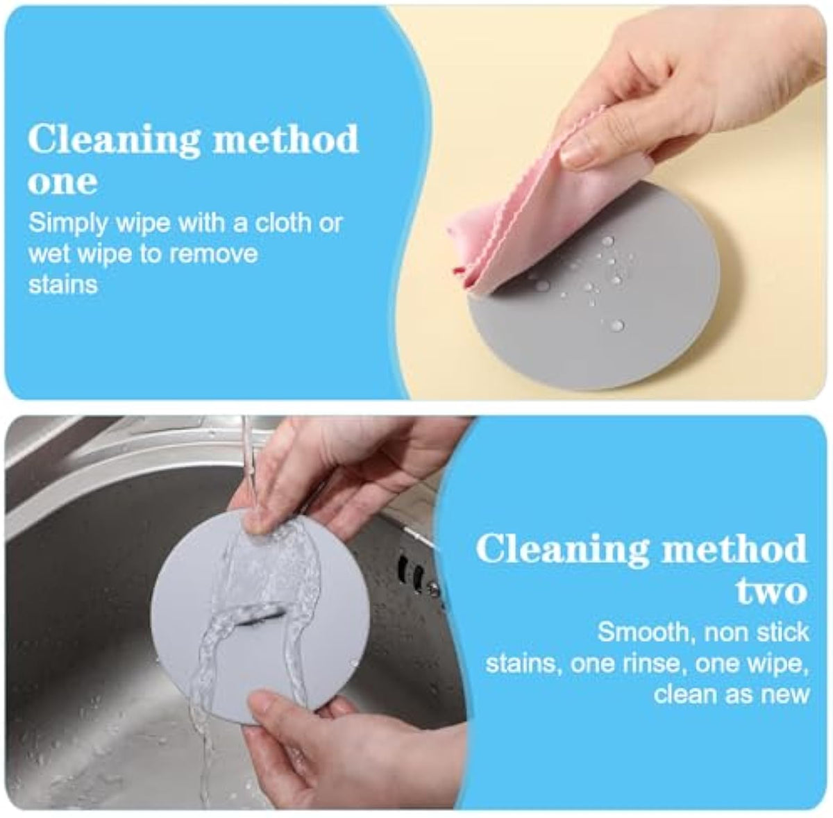 Luxe Home Merch silicone suction cup lid being wiped clean with a cloth and rinsed under sink water