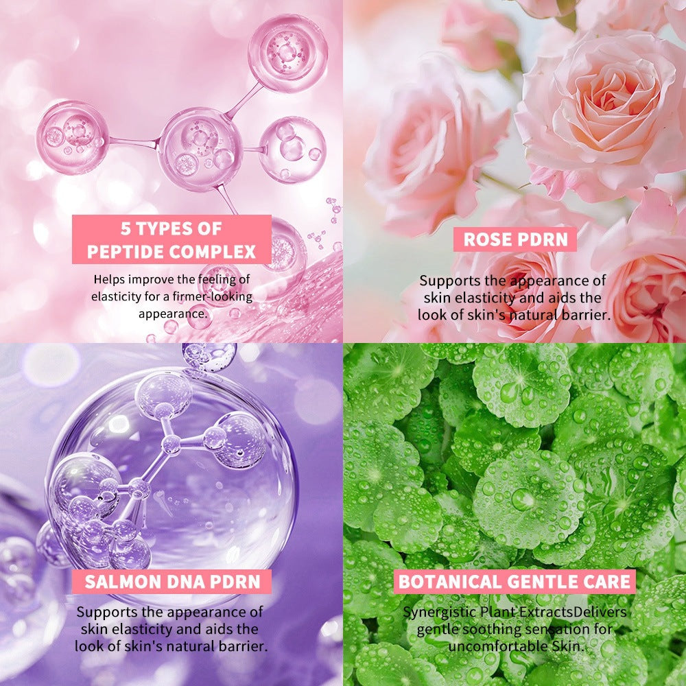 Ingredient highlights for the peptide complex, rose PDRN, salmon DNA PDRN and botanical extracts