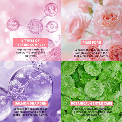 Ingredient highlights for the peptide complex, rose PDRN, salmon DNA PDRN and botanical extracts