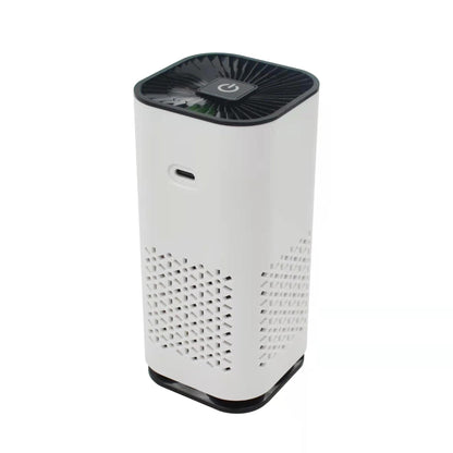 White portable air purifier with a black top grille, power button, and perforated vent patterns.