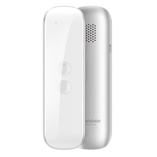 Front and back view of a white voice translator device with two control buttons and a speaker grille.