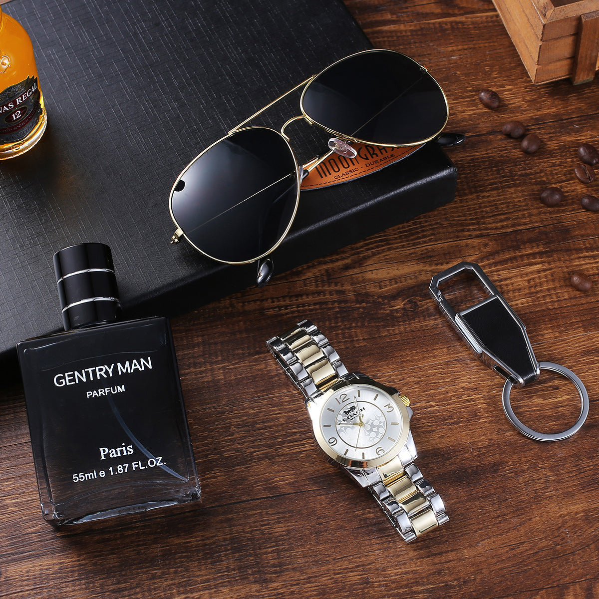 Stylish Watch 4-Piece Gift Set With Belt Wallet Tie