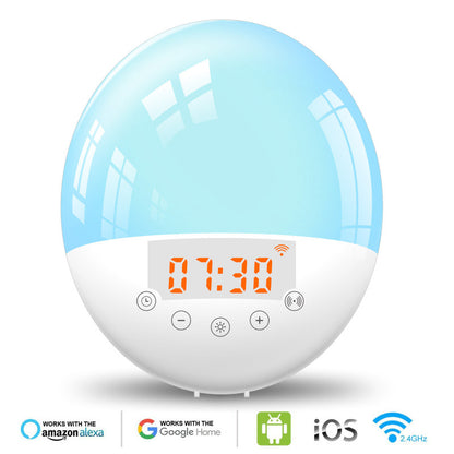 Round white and blue smart wake up light alarm clock showing 07:30 with touch control buttons.