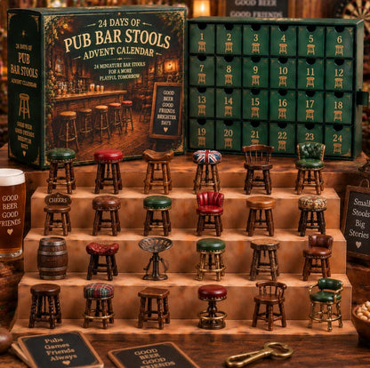 Pub bar stool advent calendar with box, drawer grid, and twenty-four miniature bar stool collectibles displayed on steps.