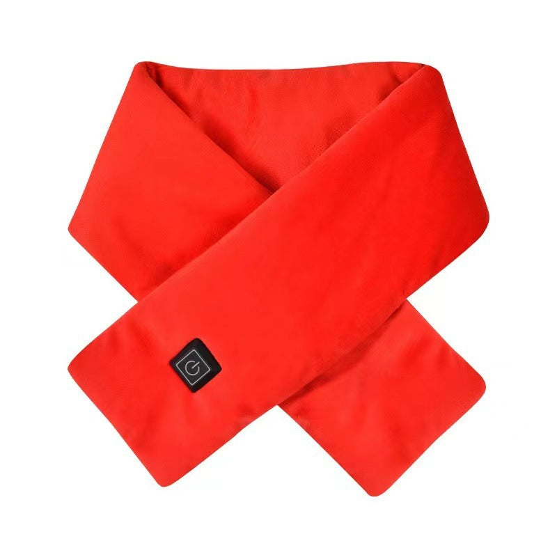 Heated neck scarf with power button, smooth fabric flat lay