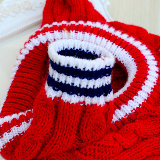 Red thermal knit dog sweater with a striped ribbed collar detail