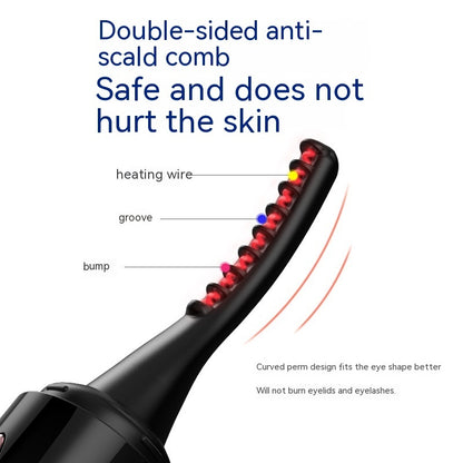 Close-up of heated eyelash curler comb head with feature labels