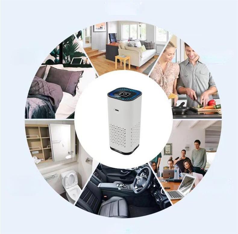 White cylindrical car air purifier surrounded by lifestyle scenes including a car interior, office, and living room