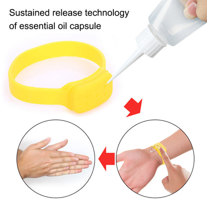 Yellow silicone refillable bracelet being filled with liquid from a bottle and worn on a wrist.