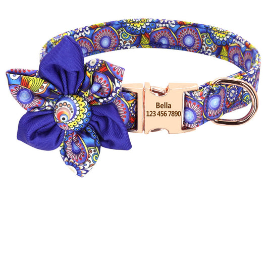 Personalized blue paisley dog collar with engraved rose gold buckle and matching bow