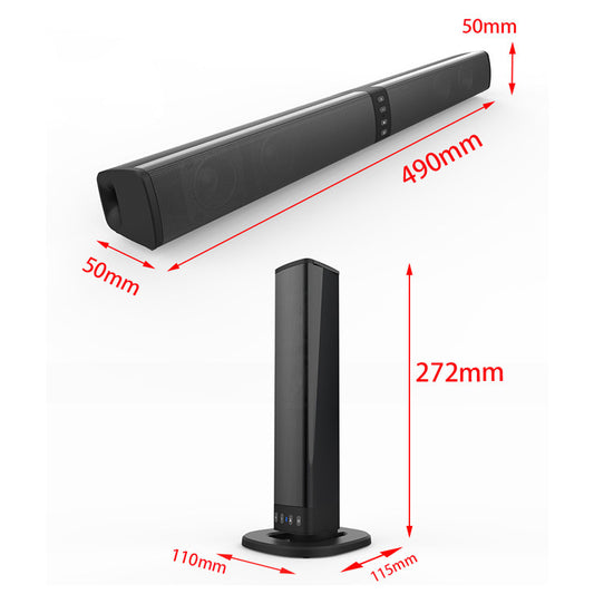 Black detachable Bluetooth soundbar with dimension measurements shown horizontally and vertically.