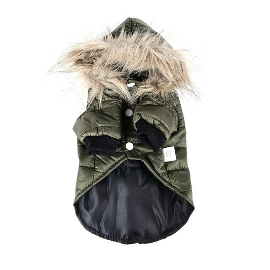 Olive green quilted puffer dog jacket with black rib cuffs, snap buttons, and a fluffy faux fur trimmed hood.