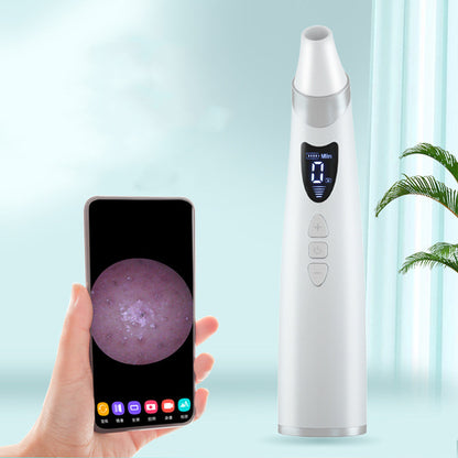 White pore suction device next to a smartphone displaying a magnified skin view.