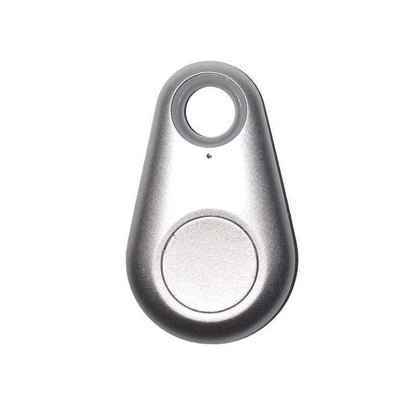 Silver teardrop-shaped Bluetooth tracker with a keyring hole for locating lost keys or bags.