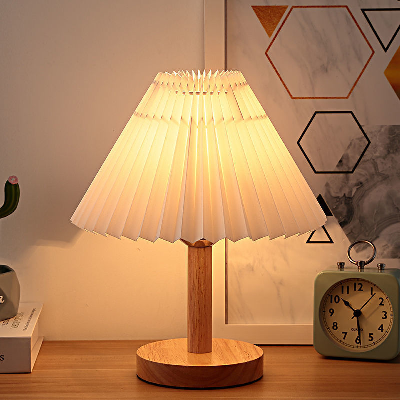 LED Bedside Lamp Wood Base Pleated Shade Adjustable Color Temperature