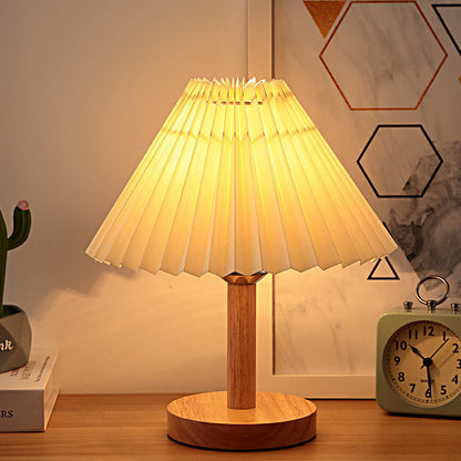 LED Bedside Lamp Wood Base Pleated Shade Adjustable Color Temperature