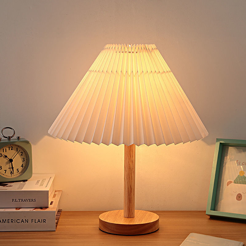 LED Bedside Lamp Wood Base Pleated Shade Adjustable Color Temperature
