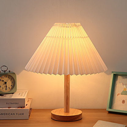 LED Bedside Lamp Wood Base Pleated Shade Adjustable Color Temperature