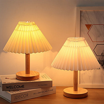 LED Bedside Lamp Wood Base Pleated Shade Adjustable Color Temperature