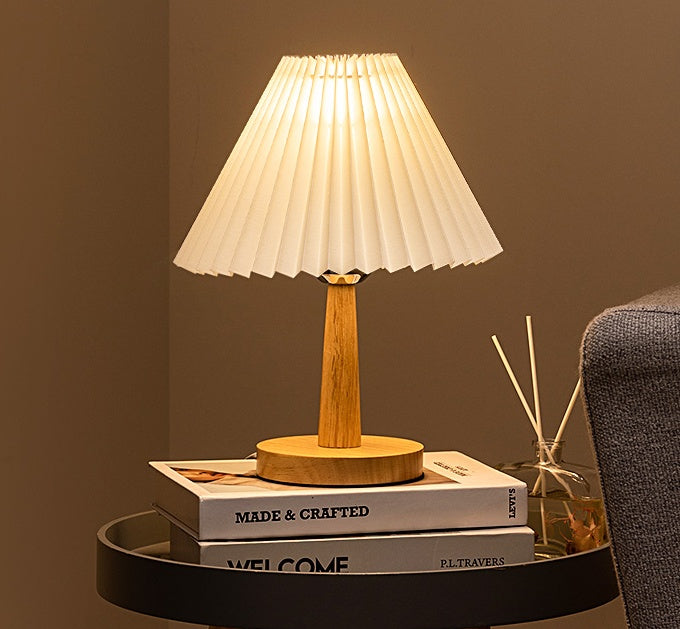 LED Bedside Lamp Wood Base Pleated Shade Adjustable Color Temperature