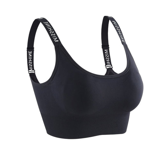 Black sports bra with wide ribbed underband and logo straps featuring adjustable sliders