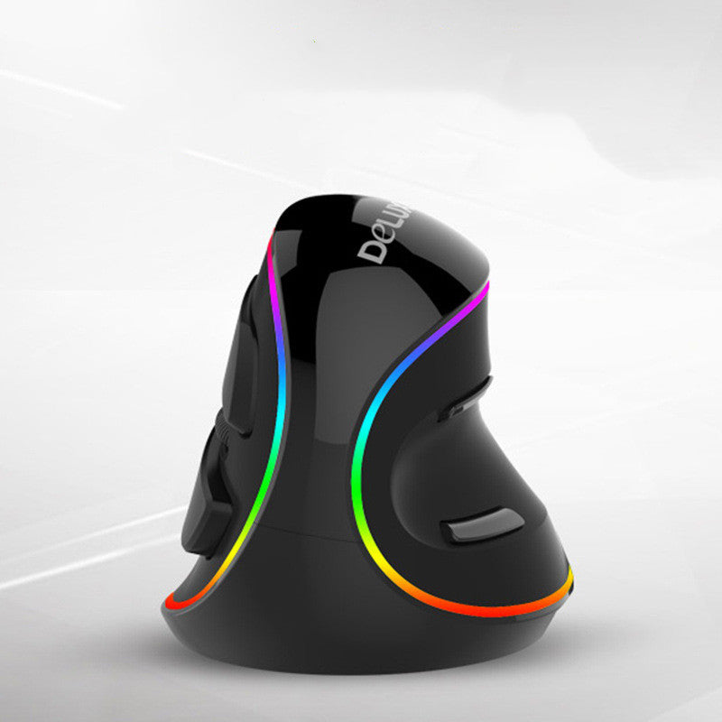 Black ergonomic vertical gaming mouse with colorful RGB light strips and side thumb buttons.