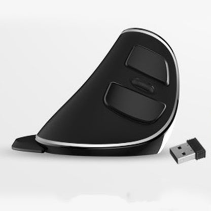 Black ergonomic vertical mouse with side buttons and a USB receiver.