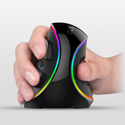 A hand gripping a black ergonomic vertical mouse featuring colorful RGB lighting strips along its curved body.