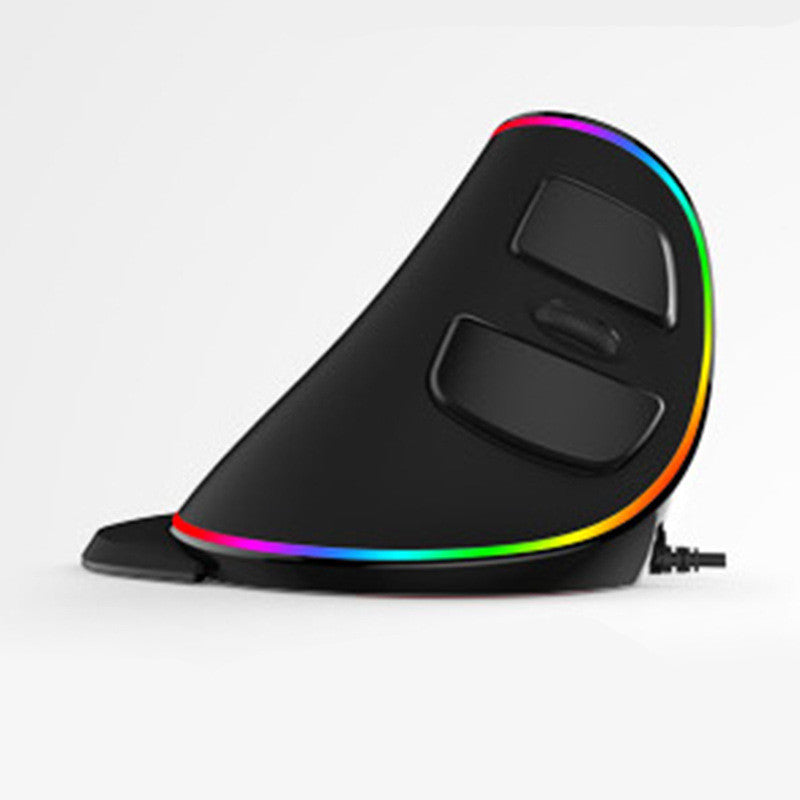 Black ergonomic vertical gaming mouse with vibrant RGB lighting stripe and thumb buttons.