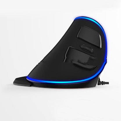 Black ergonomic vertical gaming mouse with glowing blue LED light strip along the curved edge.