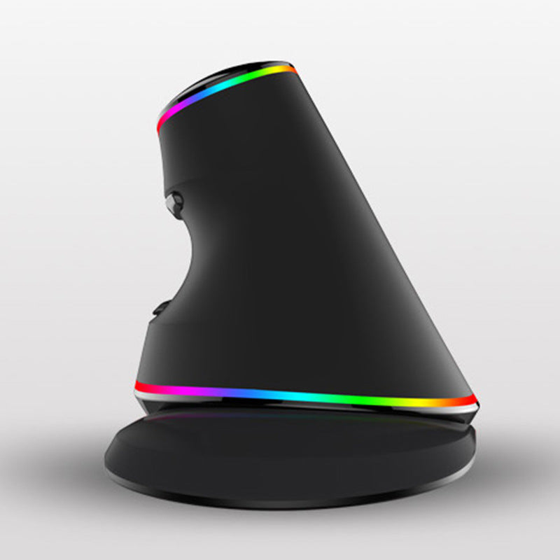 Black ergonomic vertical gaming mouse with vibrant RGB lighting strips along the top and base.