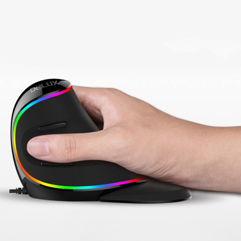 Hand resting on a black vertical ergonomic gaming mouse with vibrant RGB lighting curves