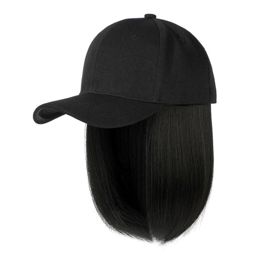 Black baseball cap with attached short straight black hair bob.