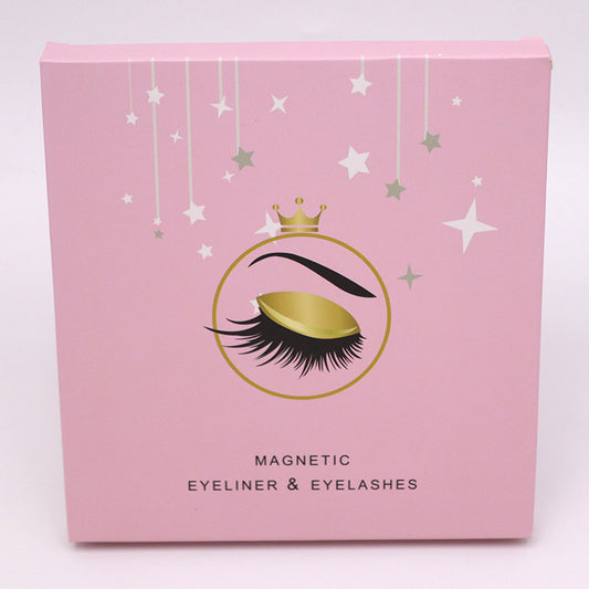 Pink magnetic eyeliner and eyelashes packaging box with hanging star illustrations and crown logo