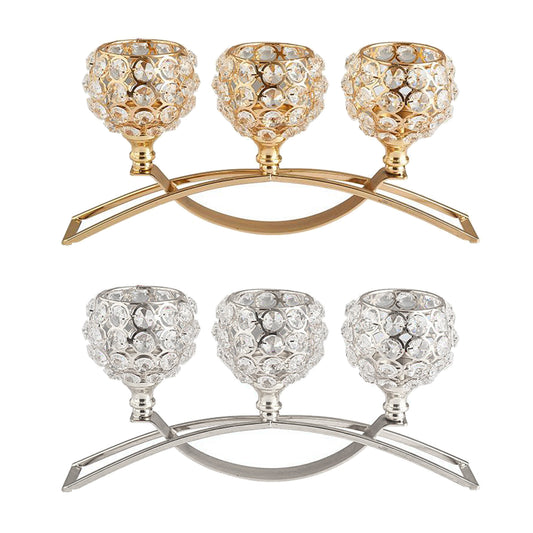 Home decor geometric metal candle holder display centerpiece with three crystal bowls