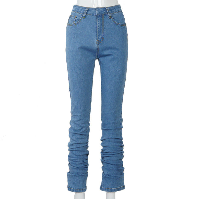 Ruched Denim Pants With Mid Rise And Stacked Hem Figure Enhancing Fit