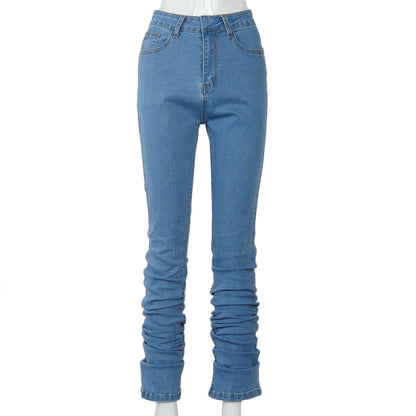 Ruched Denim Pants With Mid Rise And Stacked Hem Figure Enhancing Fit