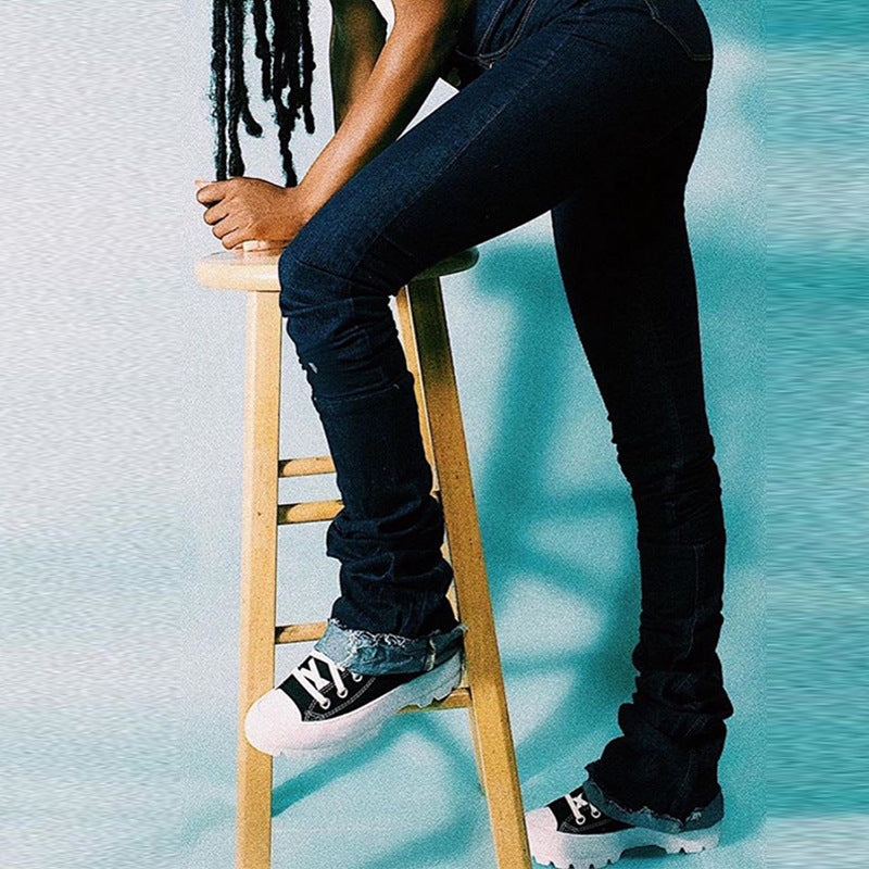 Ruched Denim Pants With Mid Rise And Stacked Hem Figure Enhancing Fit