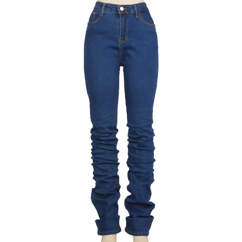 Ruched Denim Pants With Mid Rise And Stacked Hem Figure Enhancing Fit