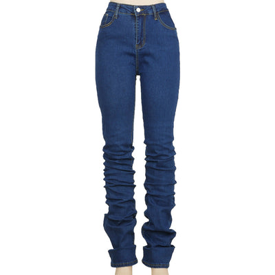 Ruched Denim Pants With Mid Rise And Stacked Hem Figure Enhancing Fit