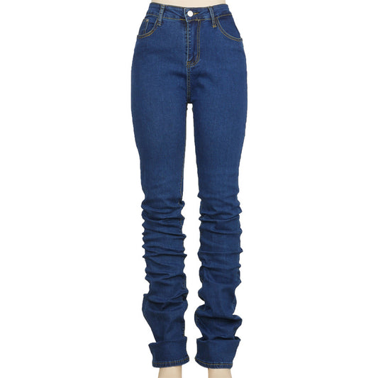 Ruched Denim Pants With Mid Rise And Stacked Hem Figure Enhancing Fit